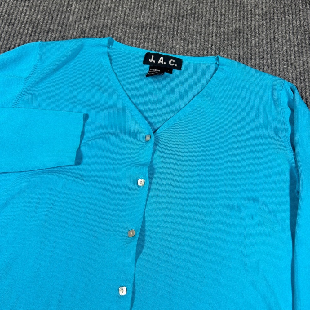 Vintage J.A.C. Sweater Women's L Turquoise Blue V-Neck Button Front Cardigan Y2K